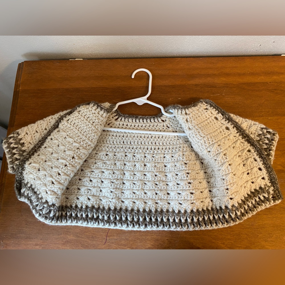 Handmade Cream and Brown Wool Crochet Baby Cardigan - Picture 3 of 5